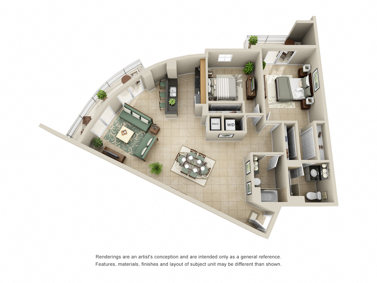 Floor plan for 2 beds, 2 baths, 1386 sqft